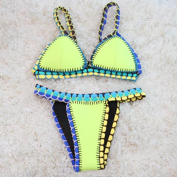 F4544-3  Yellow Neoprene Crochet Bikini